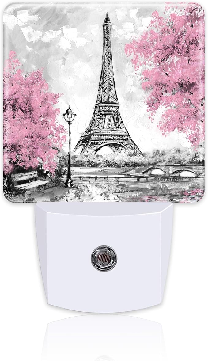Pink Cherry Blossoms Tree and Eiffel Tower Night Light Plug into Wall,Modern Art Floral Oil Painting Dusk to Dawn Night Light,0.5w Energy Saving Nightlights for Kids Boys Girls Home
