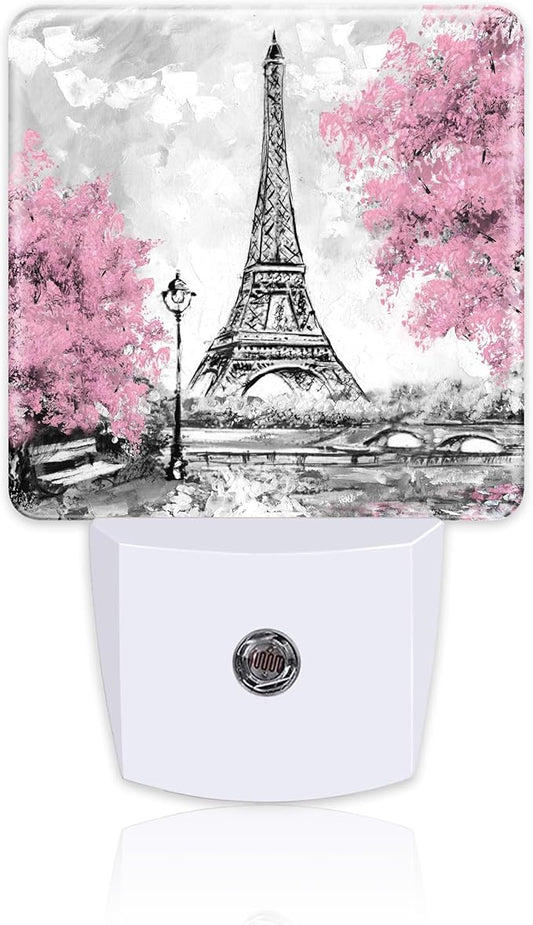 Pink Cherry Blossoms Tree and Eiffel Tower Night Light Plug into Wall,Modern Art Floral Oil Painting Dusk to Dawn Night Light,0.5w Energy Saving Nightlights for Kids Boys Girls Home