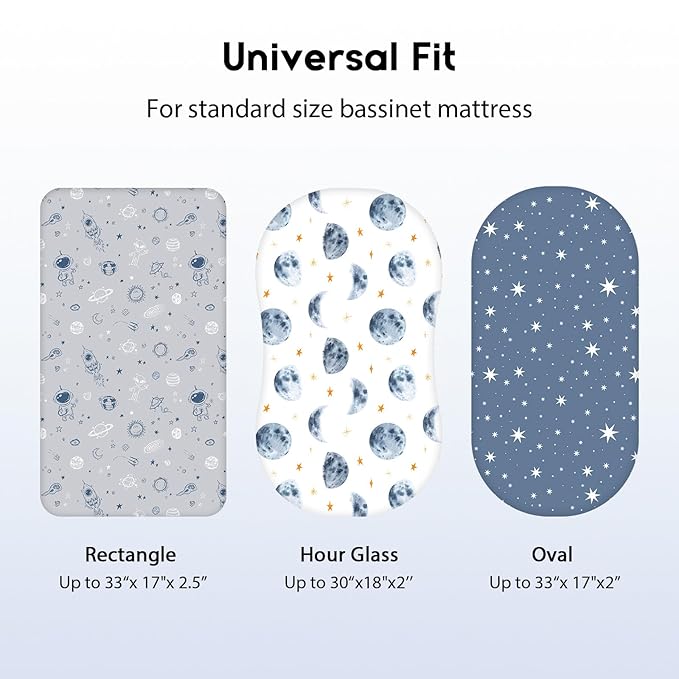 Baby Bassinet Sheets Girl Boy, Fitted Bassinet Sheet Set 3 Pack Bassinet Mattress Sheets Universal Fit for Rectangle, Round, Oval, Hourglass Mattress, Soft Breathable Grey & Blue Moon