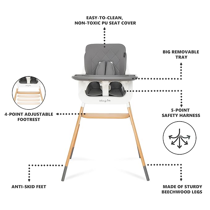 Dream On Me Nibble 2-in-1 Wooden Highchair | Convertible Baby Feeding Chair with Removable Tray, Adjustable Footrest, 5-Point Harness, Lightweight Modern Design for Infants & Toddlers