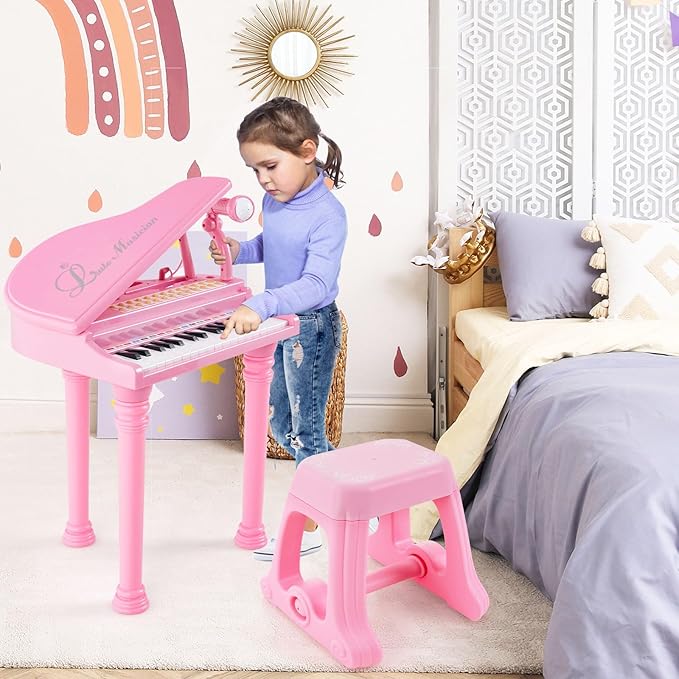 Costzon Kids Piano, 31 Key Mini Grand Piano Toy Keyboard with Microphone, Stool & Lights, Portable Electronic Piano Educational Musical Instrument Toy, Birthday Gift for Toddler Boys Girls (Pink)