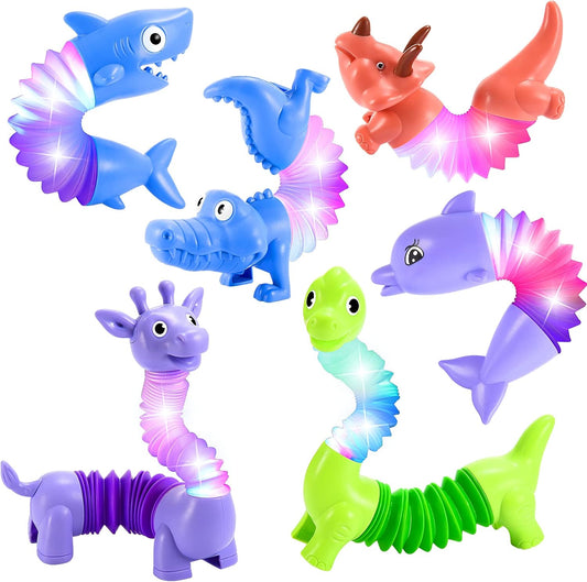 Animals Fidget Toys for Toddlers: 6 Pack LED Animal Pop Tubes for Kids 2 3 4 5 6 Year Old Girls Boys Halloween Birthday Gifts New Autism Sensory Toy for Toddler Age 3-5 Tube Set Light Up Party Favors