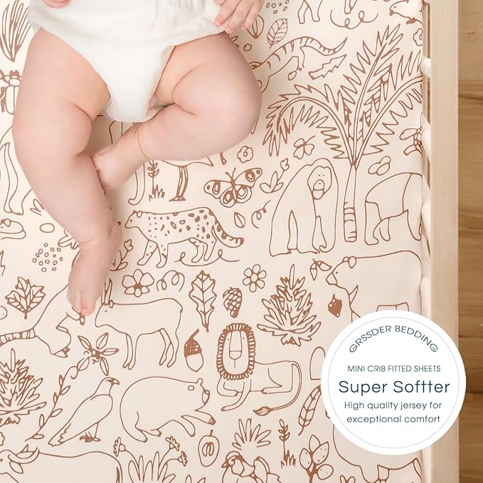 Stretchy Ultra Soft Jersey Knit Pack n Play Sheets Set 2 Pack, Portable/Mini Crib Sheets for Boys and Girls, Universal Fit for Pack N Plays Safe and Snug, Stylish Playard Sheets of Cute Animals Print