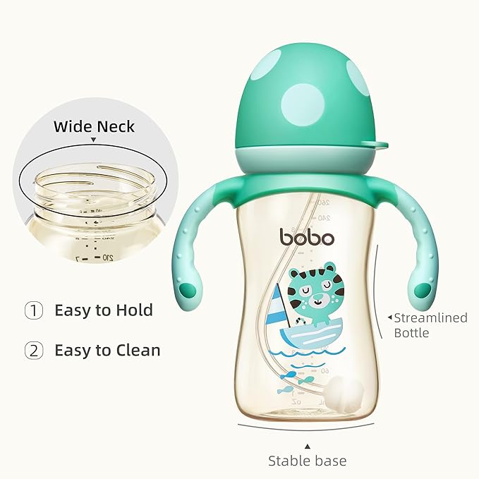 YOHKOH Natural PPSU Baby Bottle with Natural Response Nipple, Newborn Anti-Colic Baby Bottles with Handle, Wide Neck Mushroom Cap Baby Bottle (8.8oz (Pack of 2), Blue)