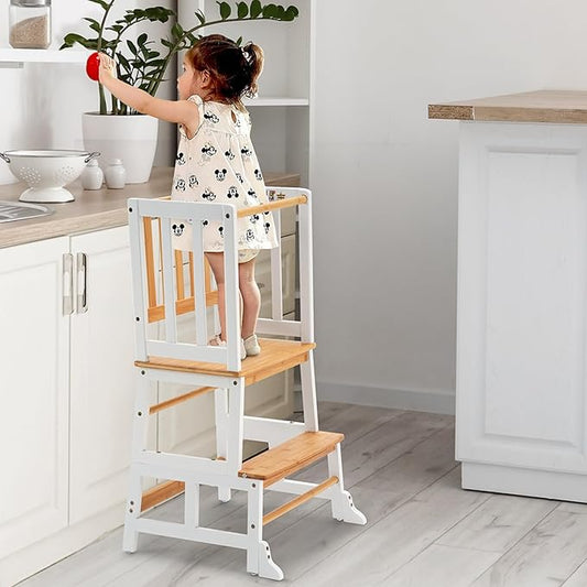 COSYLAND Kids Kitchen Step Stool Helper - Wooden Standing Tower for Kids with Anti-Tip Support Legs - Mothers' Helper Kids Learning Stool for Kitchen Counter (White & Natural)