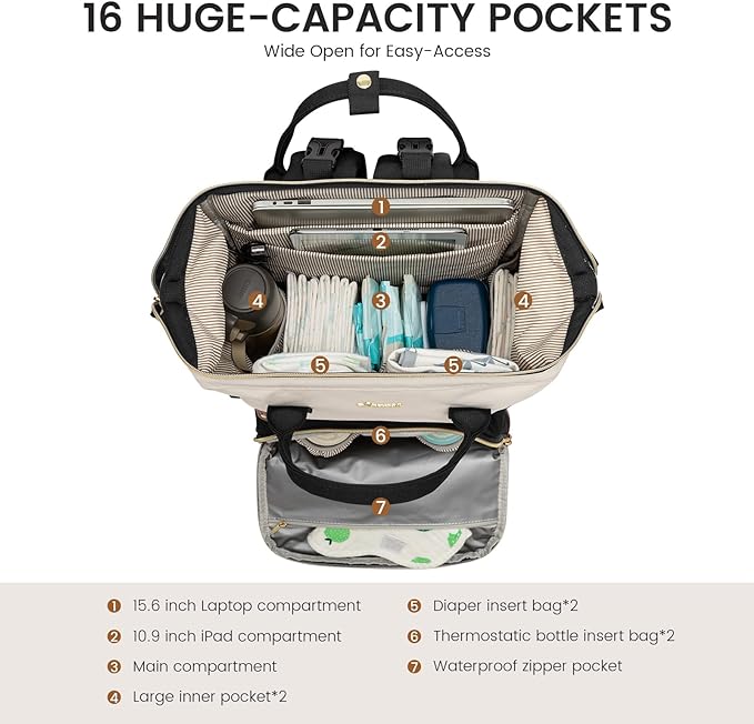 LOVEVOOK Diaper Bag Backpack, Baby Bag with Changing Station, Large Diaper Backpack for Mom Dads, Waterproof Mommy Bag for Boy and Girl, Travel Essential Baby Shower, Black-Beige
