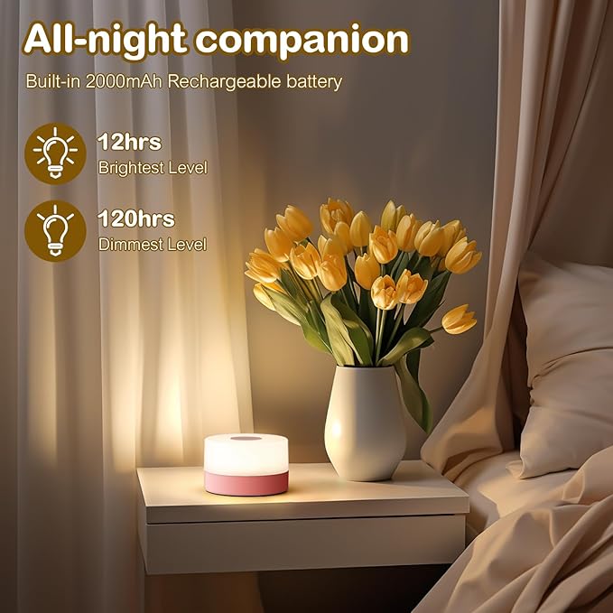 JUSHENG Night Light for Baby Nursery, Rechargeable LED Touch Light with 3CCT & Stepless Dimming Function, Portable Bedside Lamp Tap Lights Battery Powered for Breastfeeding, Kids, Nightstand-Pink