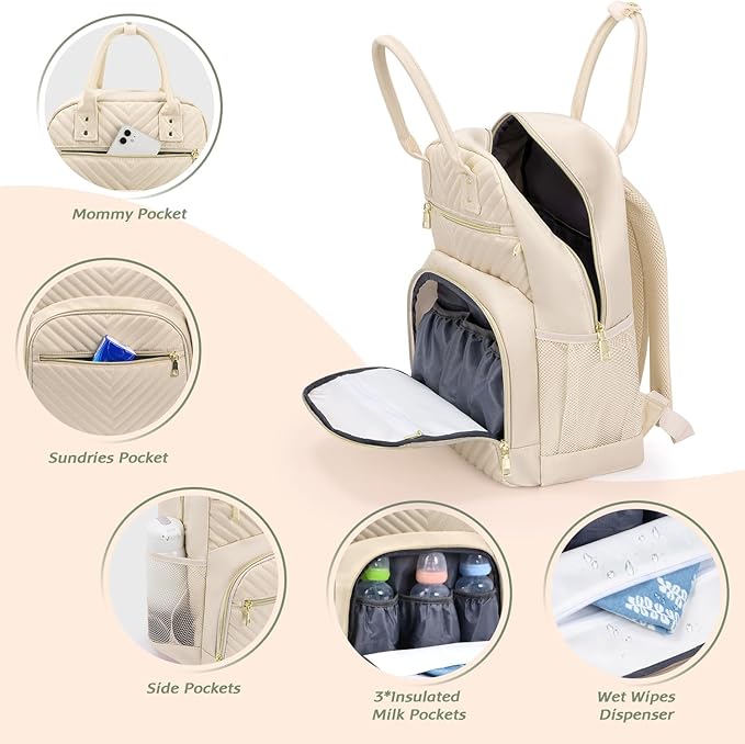 Diaper Bag Backpack,Baby Essentials Diapers Bag with Pacifier Case,Multipurpose Stylish Large Capacity Travel Backpack for Baby Girl/Boy(M-Beige)