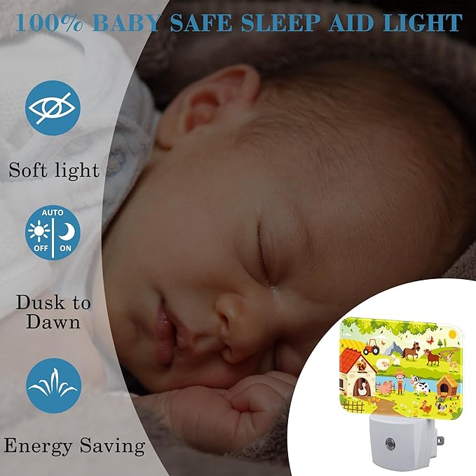 Cartoon Farm Life Night Light for Kids, Farm Animals LED Night Light Plug into Wall with Dusk to Dawn Sensor for Girls Boys Women Men Bedroom, Hallway, Kitchen, Bathroom, Stairs Decor