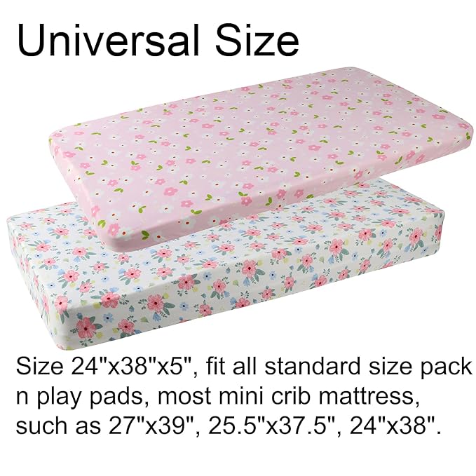 Onacosht Pack n Play Playard Fitted Sheets 2 Pack Set for Baby Girl Soft Stretchy Jersey Knit Portable Mini Crib Mattress Cover, Pink Floral