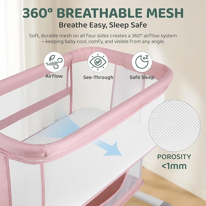 Cowiewie Bassinet Bedside Sleeper, Portable, Breathable, Adjustable Baby Bedside Bassinet for Peaceful Nights, Pink