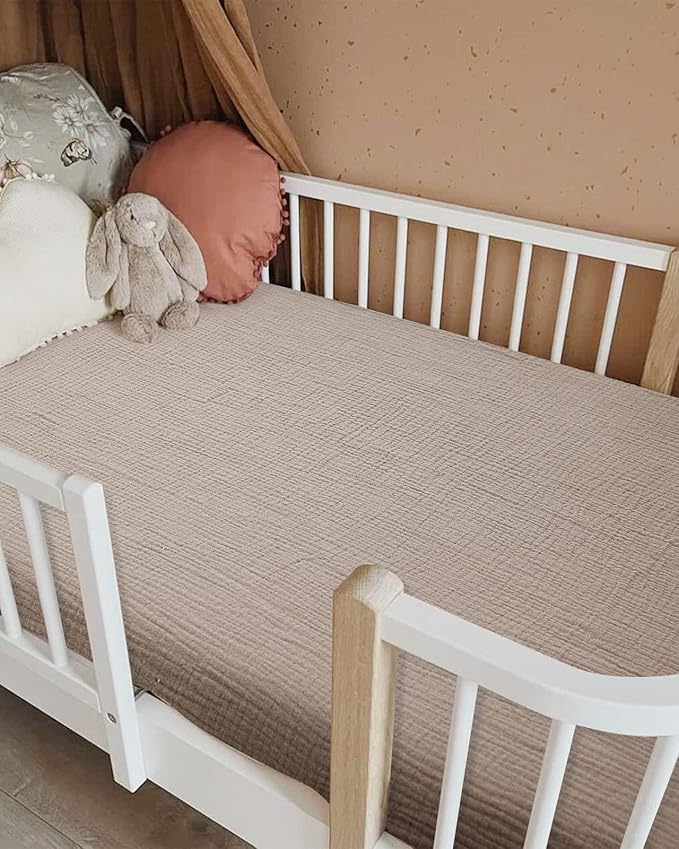 Crib Sheets for Boys Girl, Fitted Baby Toddler Bed Sheets 28" x 52", Neutral Muslin Cotton Crib Mattress Bedding Soft and Breathable Comfort (Beige)