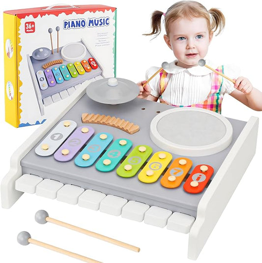 Kids Musical Instruments Piano Drum Set - 5 in 1 Montessori Toys for Toddler Baby, Wooden Music Kit with Piano Keyboard Xylophone, Preschool Educational Sensory Toys, Gifts for Boys Girls