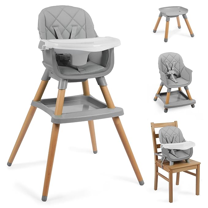8 in 1 Wooden High Chairs for Babies Toddlers, Convertible to Booster Seat, Baby Feeding Highchair w/ 5-Point Safety Harness, Removable Tray & Cushion, Gray