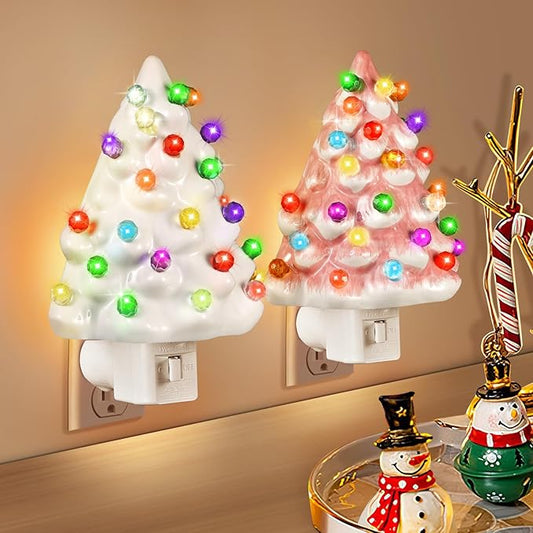 Tfro & Cile Ceramic Christmas Tree Night Light 2 Pack Xmas Decorative Tree Lamp Small Vintage Light Up Bathroom Decor with On/Off Switch for Home Bedroom