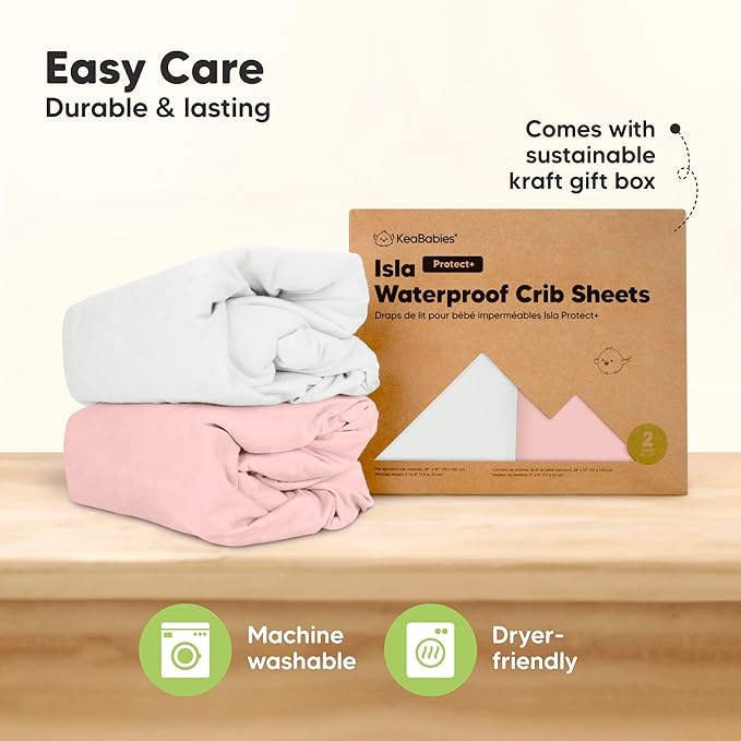 2-Pack Waterproof Baby Crib Sheets for Boys, Girls - 52x28 Viscose Derived from Bamboo Toddler Bed Sheet Neutral, Fitted Crib Mattress Protector Cover for Baby Bedding, Soft & Gentle (Rose)