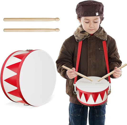 Kids Drum Set 8 Inch Wooden Toy Drum with Adjustable Strap 2 Drumsticks Educational Sensory Musical Instrument Toy Set for Toddlers Kid Baby Boys Girls Gift(Red Triangle Style)