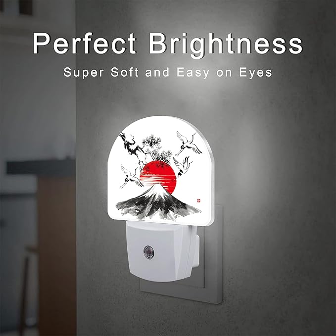 Red Sun Fuji Mountain and Storks Night Light Plug into Wall, Ink Landscape Painting Dusk to Dawn Night Light Plug in,0.5w Energy Saving Sleep Friendly NightLight for Kids Boys Girls Home Decor