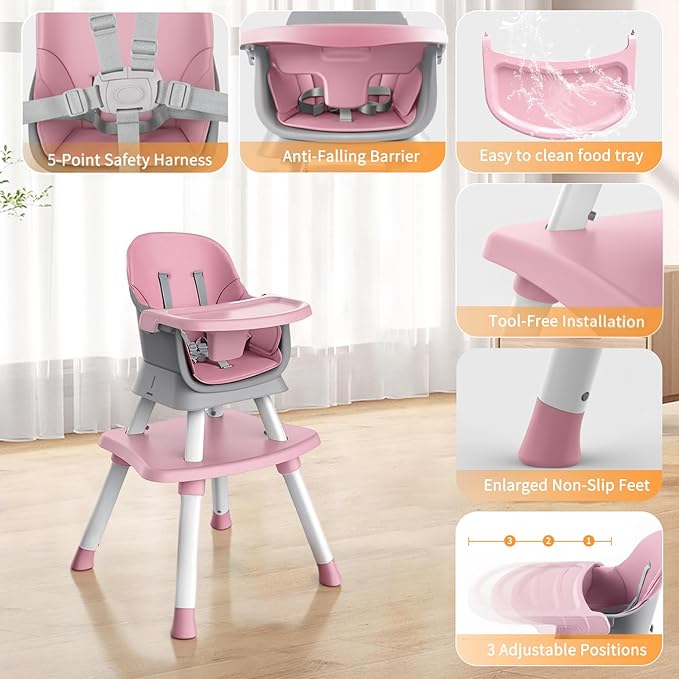 7 in 1 High Chair, Convertible High Chairs for Babies and Toddlers, Infant Dining Booster Seat, Table and Seat Set, Removable Tray, Pink