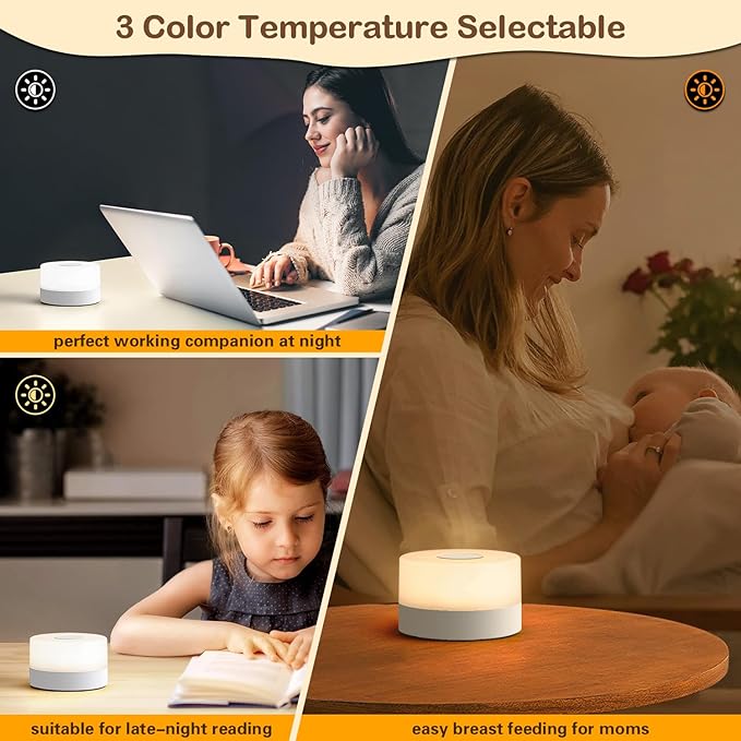 JUSHENG Baby Night Lights for Nursery, 3 Color Temperature Selectable & Dimmable, Rechargeable LED Bedside Lamps Touch Light for Nightstand, Breastfeeding, Nighttime Diaper Changes, White