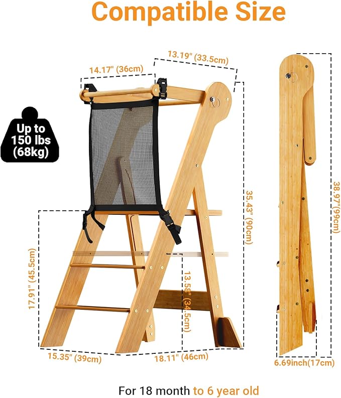 COSYLAND Foldable Toddler Kitchen Stool Helper - Height Adjustable Standing Tower for Bathroom Sink or Kitchen Counter - Step Stool for Toddlers Ages 18 Months to 6 Years Natural