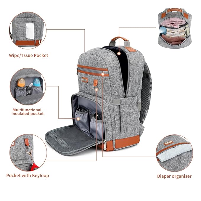Diaper Bag Backpack, Large Baby Nappy Bags with Portable Changing Pad for Boys and GirlsMultifunction Travel Baby Bag for Moms Dads, Shower Gifts Waterproof and Stylish，Grey