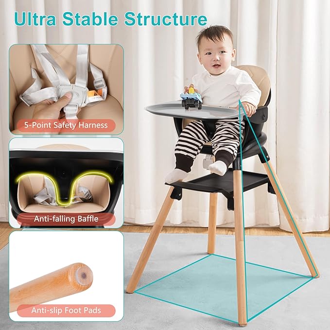 High Chair, 6 in 1 Wooden Convertible High Chairs for Babies and Toddlers, Booster Seat with Double Tray & Reversible Footrest Baby Highchair, 5-Point Harness Baby Feeding Chair, Black