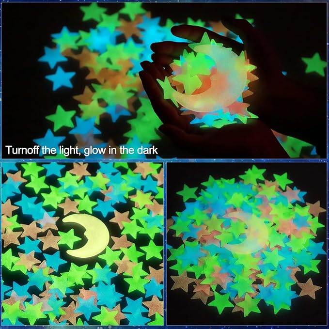 200 Pcs Glow in The Dark Luminous Colorful Stars and Pink Moon Fluorescent Noctilucent Plastic Wall Stickers Murals Decals for Home Art Decor Ceiling Wall Decorate Kids Babys Bedroom Room