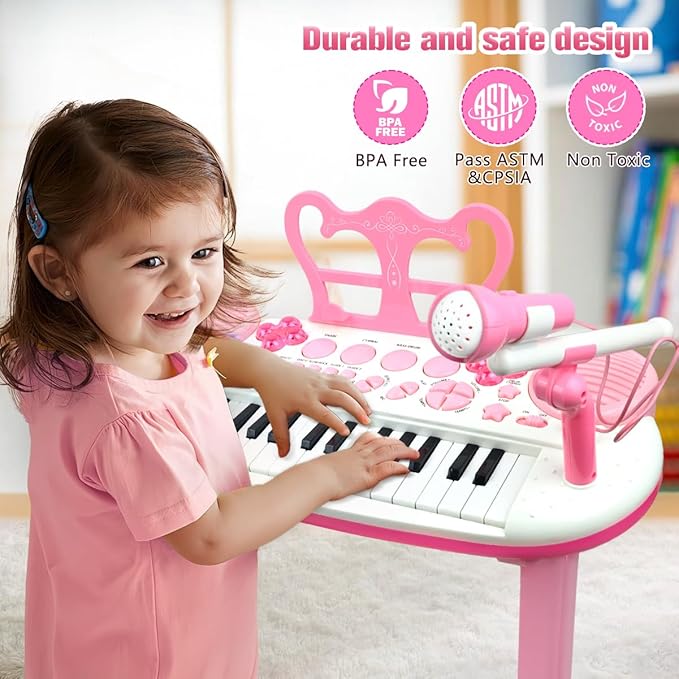 31-Key Rose Pink Kids Piano Toy Keyboard with Bench - Portable Electronic Multi-Functional Music Instrument with Microphone, Ideal Christmas & Birthday Gift for Girls & Kids Aged 3-5 Years Old