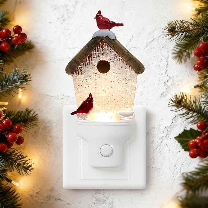 Christmas Night Light Plug into Wall Swirling Glitter USB Portable Christmas Decorative Night Light Decoration for Kids Adults Bedroom Kitchen Living Room Holiday Decor (Bird House)