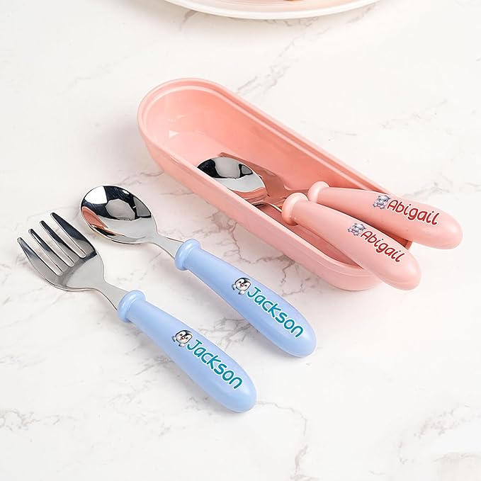 Personalized Kids Stainless Steel Utensil Set with Case, Custom Reusable Fork and Spoon Silverware Set with Name for Lunch Travel & Outdoors