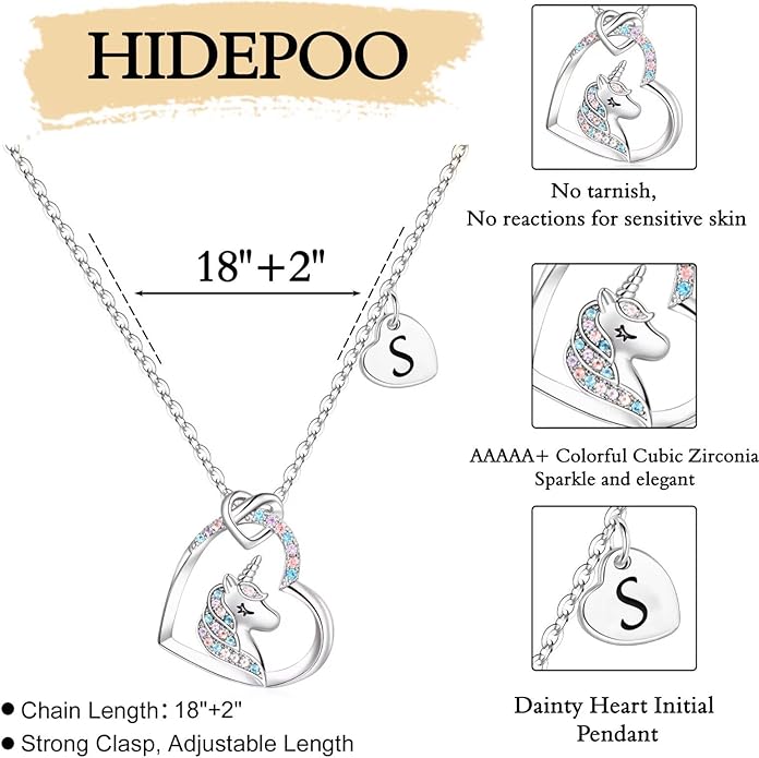 Hidepoo Unicorn Necklace Gifts for Girls - Colorful CZ Heart Pendant Initial Unicorns Necklaces for Teens Little Girls Jewelry Birthday Gift for Girl Daughter Granddaughter Niece