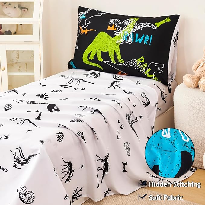 PERFEMET 4-Piece Boys Toddler Bedding Sets Cartoon Dinosaur Comforter Set for Girls Kids Soft Reversible Colorful Animal Bed Set for Toddler(Dinosaur, Toddler)