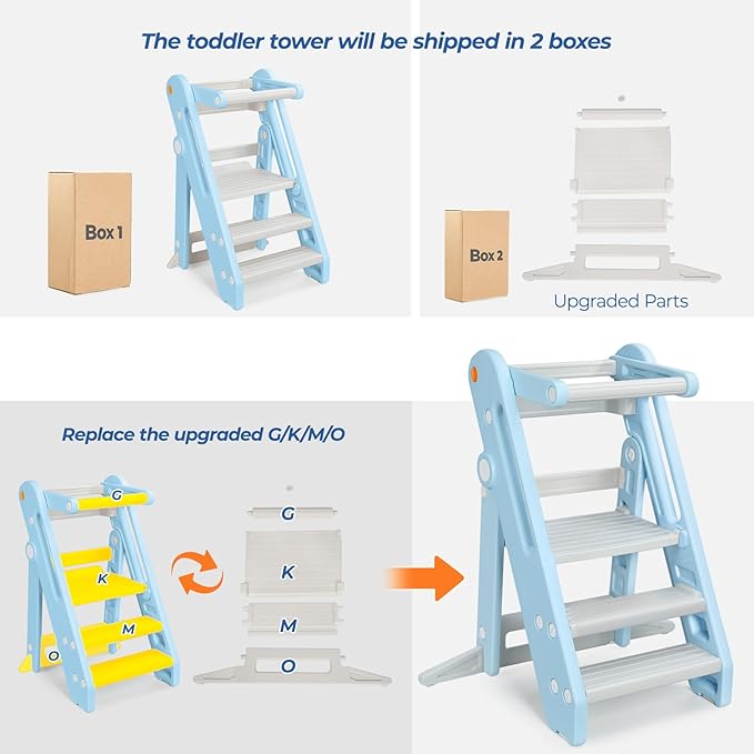 Onasti Toddler Tower Kitchen Stool Helper, Foldable & Adjustable Height Kids Learning Stool for Kitchen Counter Bathroom Sink, Child Ladder for Toddlers with Handles, Safty Rail, Non-Slip Pads-Blue