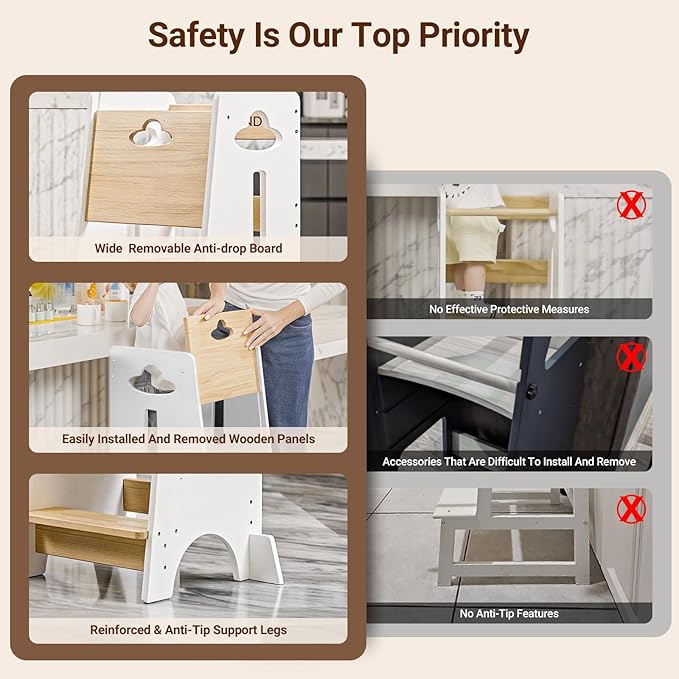 COSYLAND Toddler Standing Tower Adjustable Height - Super Stable Kids Kitchen Stool Helper - 3 Levels Adjustable Wooden Toddler Kitchen Stool (Natural & White)