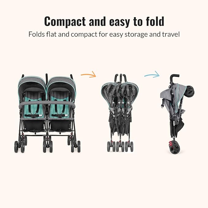 Dream On Me Volgo Twin Umbrella Stroller in Mint, Lightweight Double Stroller for Infant & Toddler, Compact Easy Fold, Large Storage Basket, Large and Adjustable Canopy