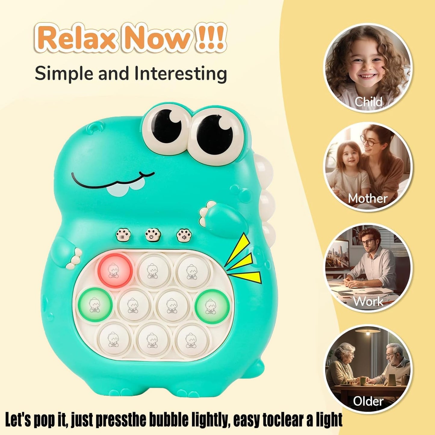 POP Toy Fast Push Game, Fidget Toys for Kids 8-12, Light up Quick Push Bubble Game, Toys for Ages 3 4 5-7 8 9 Year Old Girls and Boys, Birthday for Teen/Adult/Child (Dino Green)