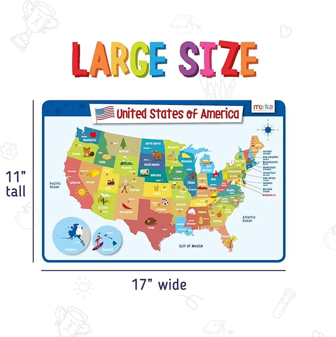 merka Periodic Table of Elements Placemat Set - 17 x 11 in, Multicolor, 4-Pack - Washable Silicone Learning Placemats for Kids Educational Dining & Kitchen Use - Includes US Map & President Info