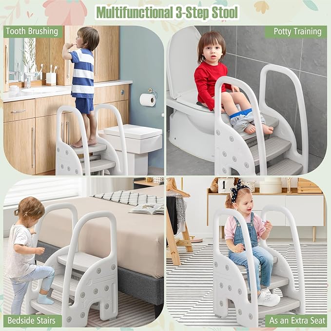 HONEY JOY Kitchen Step Stool for Toddlers, Children Plastic Tower Helper w/Handrails for Bathroom Sink, Toilet Potty Training, Adjustable 3 Step Kids Learning Standing Tower for Kitchen Counter(Gray)