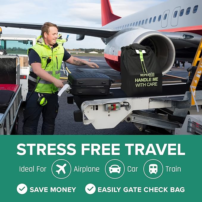 reperkid Car Seat Travel Bag for Airplane, Black and Green, 33" H x 18" W x 18" D, Fits Most Convertible, Booster and Infant Car Seats – Premium Waterproof Cover, Adjustable Shoulder Strap