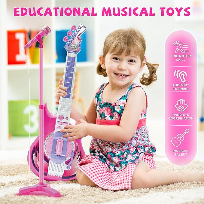 Contixo TG4 Musical Guitar and Microphone Set for Kids, Purple Electric Guitar Toys Starter Kit with Adjustable Height Microphone Stand, Karaoke Toy for Girls, Boys, Toddlers Christmas Birthday Gift