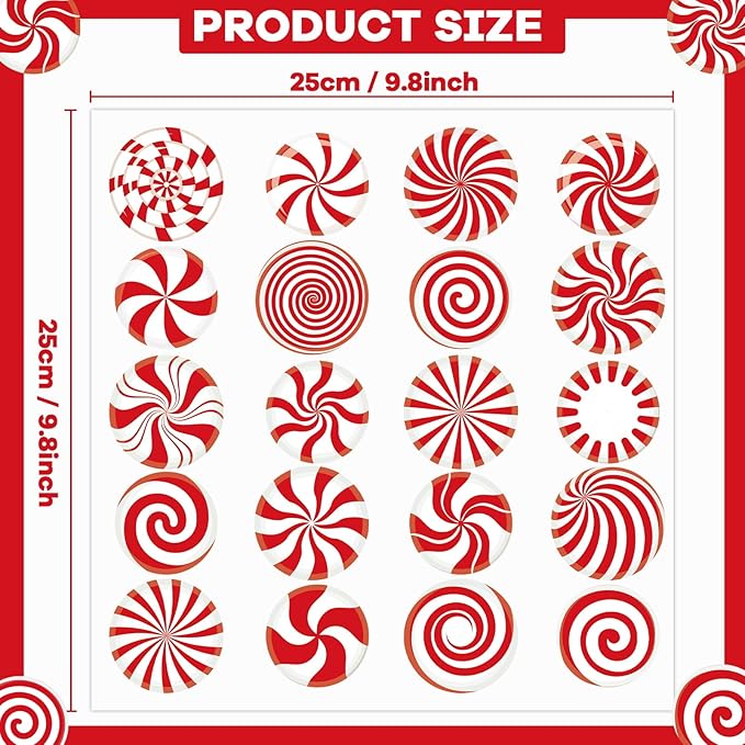 20 PCS Christmas Peppermint Candy Thick Gel Cling Xmas Candy Cane Window Decorations Candy Cane Window Clings Decals for Kids Toddlers Home Airplane Festive Season Holiday Party Home Classroom Nursery