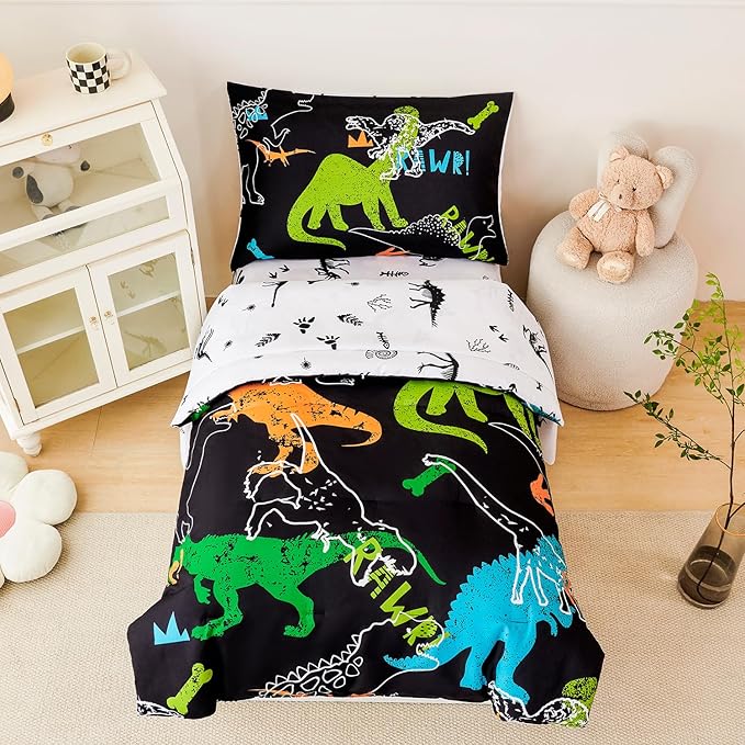 PERFEMET Twin Kids Bedding Sets 4-Piece Cartoon Dinosaur Boys Comforter with Sheets Ultra Soft Reversible Colorful Animal Children Bed in a Bag Set(Dinosaur, Twin)