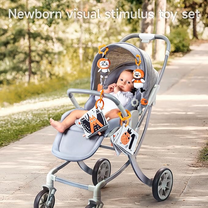 TUMAMA KIDS Black and White Baby Toys, High Contrast Rattle Toy & Soft Book Set,Hanging Toys for Baby Gym,Car Seat Toys for Babies,Early Educational Toys for Infant Babies 0 3 6 9 12 Month