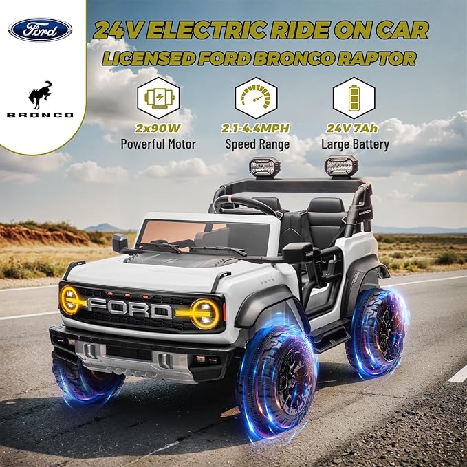 ENYOPRO 24V Ride On Toys for Big Kids, Licensed Ford Bronco Raptor 2-Seater Electric Car w/Remote Control, 21" Spacious Seat, 2x90W Powerful Motor, Spring Suspension, Bluetooth Music, 3 Speed - White