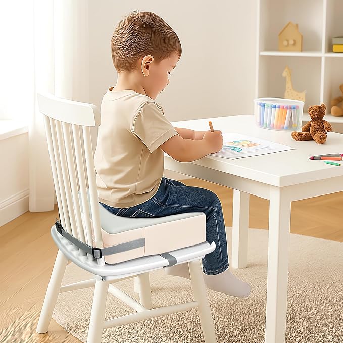 Toddler Dining Table Booster seat, PU Washable Waterproof Double seat Belt Non-Slip Bottom Booster seat for Dining Toddler, Portable Travel Increase Cushion Gery+White