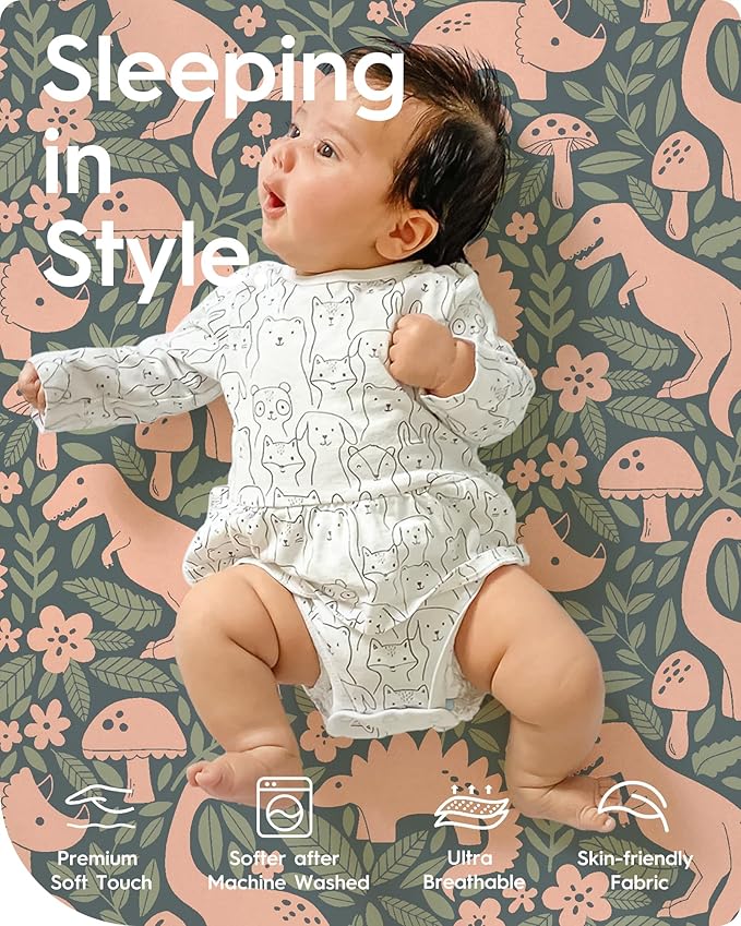 Pack N Play Sheets Fitted, TotBasic Ultra Soft Dinosaur Mini Crib Sheets, Premium Jersey Knit Pack and Play Sheets, Stretchy Neutral Play Yard Sheets for Pack and Play Mattress, 2 Pack(Vintage Dino)