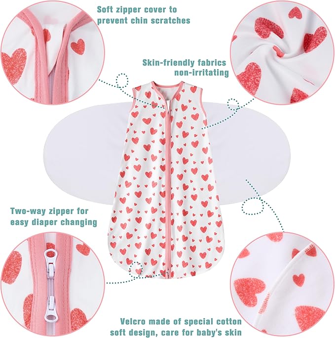 Newborn Sleep Sack Baby Swaddle,Swaddle me 3-6 Month,3-Way Adjustable Wearable Blanket,100% Rayon Cotton Swaddling Sleeping Bag，TOG 0.5 (Love, 3-6 Months)