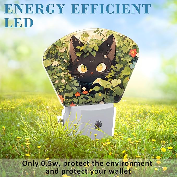 Cute Black Cat in Grass Night Light for Kids Girls Boys, Black Cat LED Night Light Plug into Wall with Dusk to Dawn Sensor for Bedroom, Hallway, Kitchen, Bathroom, Stairs Decor
