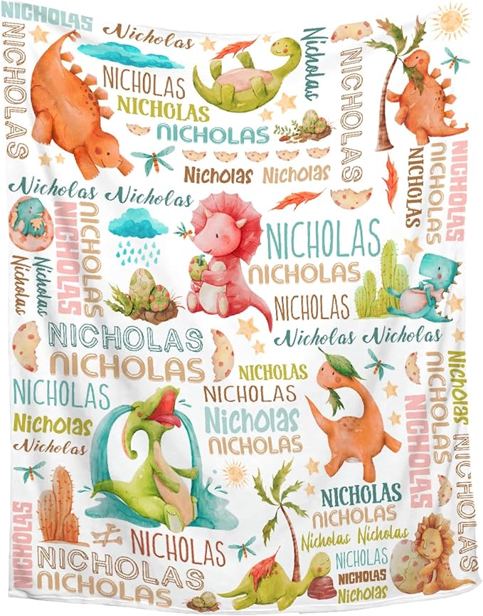 Personalized Baby Blanket for Girls Boys Kids Dinosaur Custom Baby Blanket with Name Throw Birthday Gift for Toddlers Infants Shower Newborns Nursery Stroller Crib Bed Decor